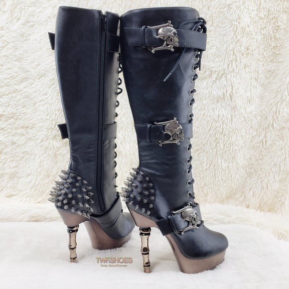 Muerto Goth Punk Bone Heel Spiked Skull Buckle Knee Boots RESTOCKED - Picture 6 of 15